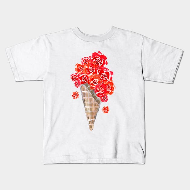 Red Roses Ice Cream Cone Waffle Kids T-Shirt by ZeichenbloQ